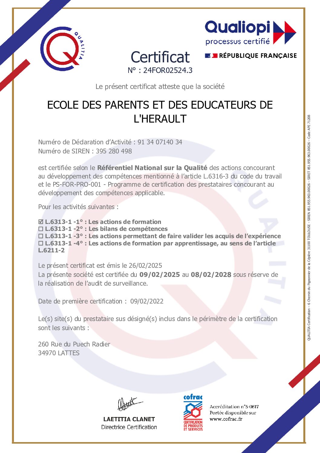 Certificat de conformité QUALIOPI